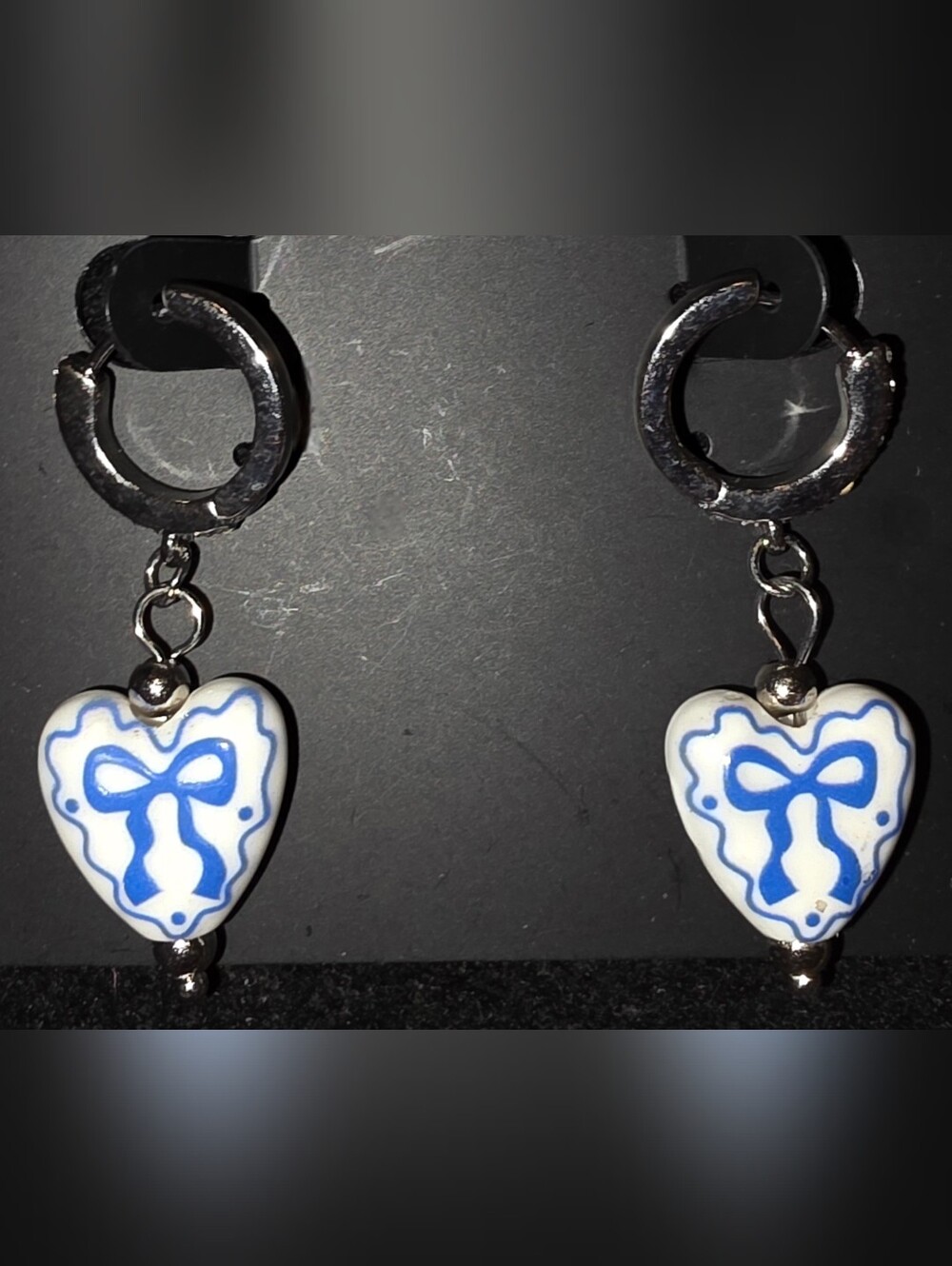 Blue & White Heart Dangle Earrings